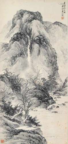 A scroll depicting a waterfall in a mountainous river landscape. After Ban Chan Lao Ren. China, 20th