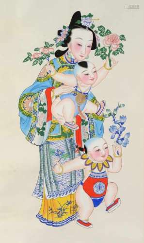 A scroll depicting a lady with two children. China, 20th century.