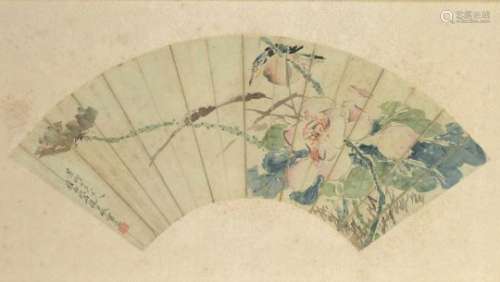 A silk fan, decorated with a bird and flowers, after Wang Rong. China, 19th/20th century.