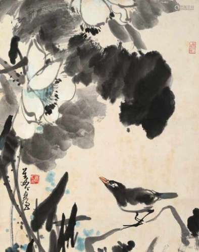 A scroll depicting a bird and flowers. Signed Jiang Jin. China. Provenance: bought at the VNC