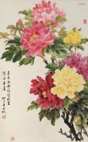 A scroll depicting peonies. Signed He Fang. Dated 1981. China.