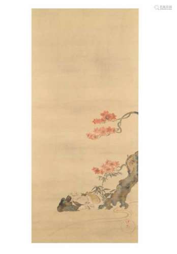 A scroll with scroll weights, depicting a man sitting under a blooming tree. Signed Ogata Korin.