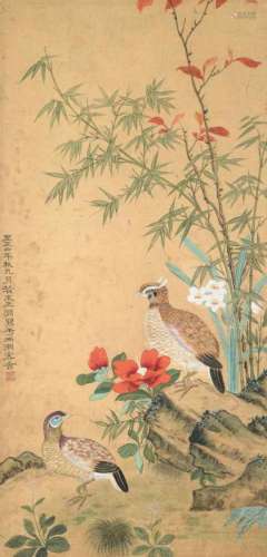 A scroll depicting pheasants. After Wang Yuan. Dated 1344. China, 20th century.