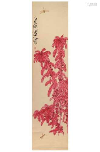 Scroll depicting flowers and insects. After Qi Baishi. China, 20th century.