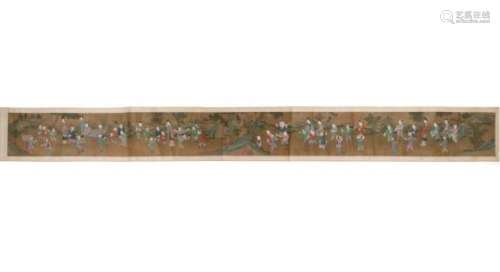 A scroll painting on silk on paper, depicting figures and playing childeren in a garden. Unsigned.