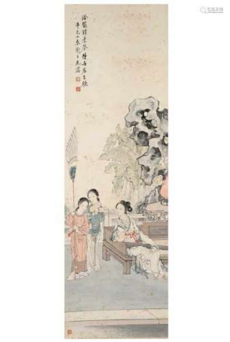 A scroll depicting a lady with two servants. Signed Xie Zhi Guang. Dated 1941. China.