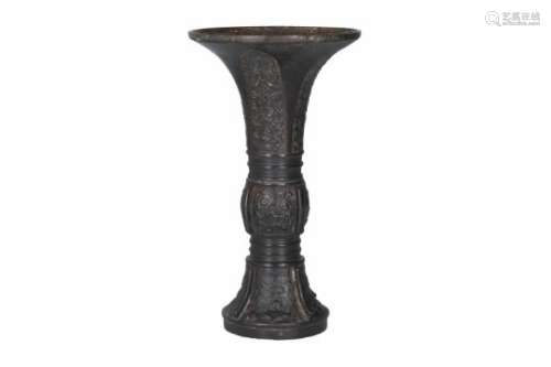 A bronze gu vase with carved decor. Unmarked. China, Ming. Total weight approx. 877 g.