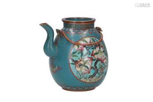 An enamel cloisonné wine pot with cover, decorated with shou sign and reserves with nine peach