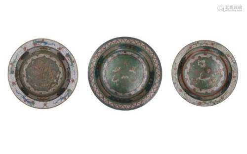 A set of three enamel cloisonné deep dishes, decorated with birds and flowers. Unmarked. China, 1500