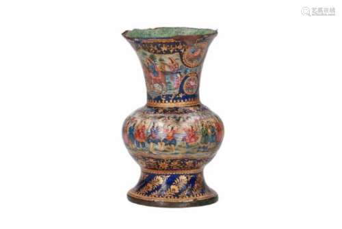A copper vase with flaring rim, with polychrome decor of flowers and several scenes with figures