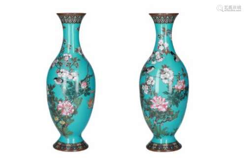 A pair of enamel cloissoné vases, decorated with peonies and birds. Unmarked. Japan, Meiji.