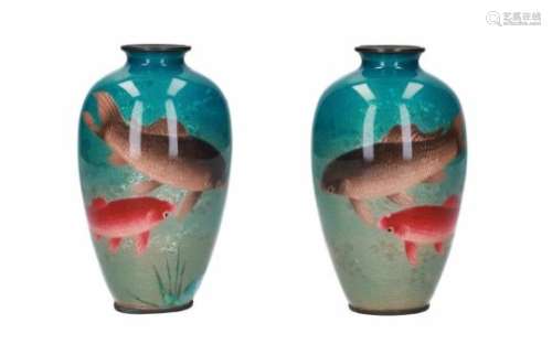 A pair of copper and enamel Ginbari vases, decorated with carp. Marked with seal mark Ogasawa Shuzo.
