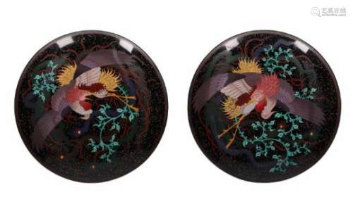 A pair of enamel cloisonné chargers, decorated with a hoho bird. Japan, Meiji, ca. 1920.