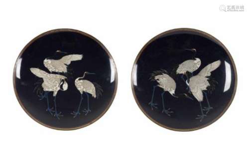A pair of enamel cloisonné dishes, decorated with cranes. Unmarked. Japan, Meiji.