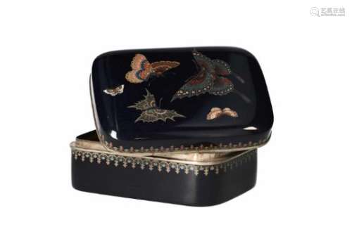 An enamel cloissoné box with silver thread and decor of butterflies. Unmarked. Japan, Meiji.
