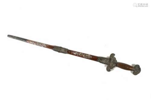 A sword with silver and copper mounting, in wooden scabbard and mother of pearl inlay. China, 19th