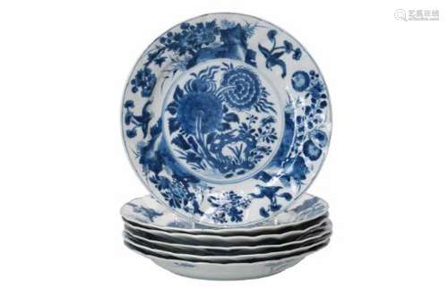 A set of six blue and white porcelain dishes, decorated with flowers. Marked with symbol. China,