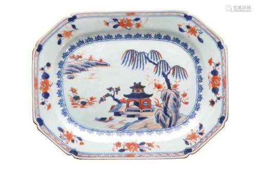 A rectangular Imari porcelain serving dish, decorated with a fisherman in river landscape and