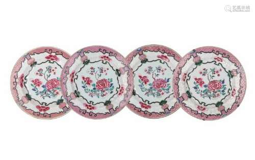 A set of four famille rose porcelain chargers, decorated with flowers. Unmarked. China, Qianlong.