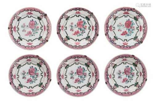 A set of six famille rose porcelain dishes, decorated with flowers. Unmarked. China, 18th century.