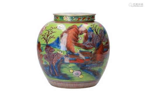 A porcelain clobber ware ginger jar with lid, decorated with flowers and a mountainous river