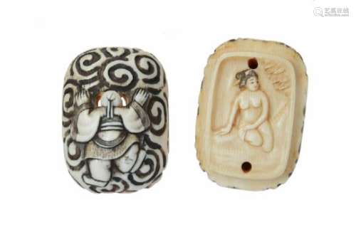 An ivory netsuke of Kume Sennin looking at a naked lady through the clouds. Signed. Japan, Meiji. H.