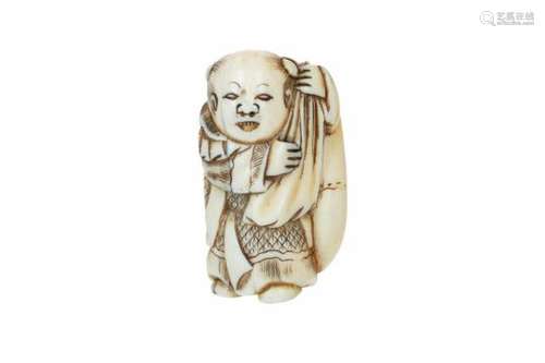 An ivory netsuke of karako with Hotei's bag. Japan, 18th century. H. 4.5 cm. Provenance: Fa.