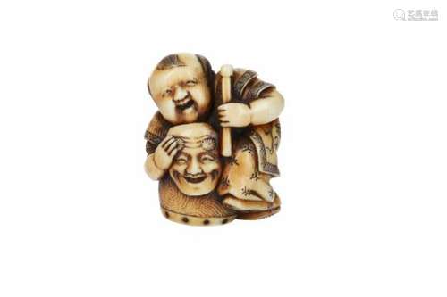 An ivory netsuke of karako leaning on a drum, holding a mask. Signed Shungetsu. Japan, 19th century.