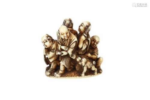 An ivory netsuke of Okudo Hizaemon and his warriors. Signed Gyokusai. Japan, 19th century. H. 3.5