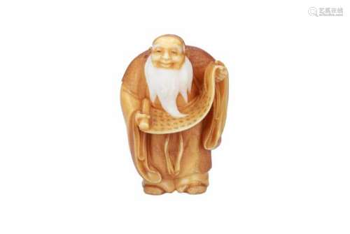 An ivory netsuke of a man with scroll. Signed Chika Toshi. Japan, ca. 1900. H. 3.5 cm. Provenance: