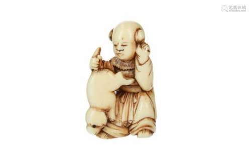 An ivory netsuke of karako holding up a dog by its tail. Japan, 18th century. H. 4.5 cm. Provenance: