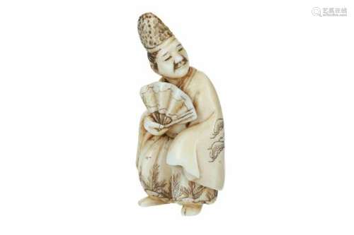 An ivory netsuke of a man with hat and fan. Signed Shozan. Japan, 19th century. H. 6 cm. Provenance: