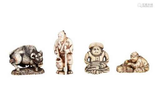 Lot of four netsuke, 1) ivory sitting figure with glasses. Signed. L. 4 cm. 2) ivory figure with ox.