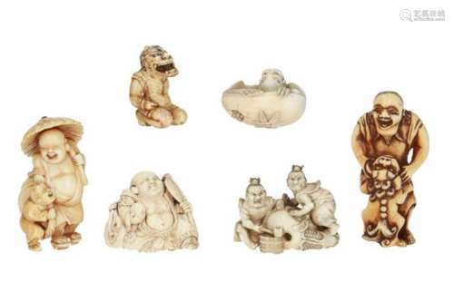 Lot of six netsuke, 1) ivory, standing Sennin with shishi. H. 7 cm. 2) ivory, sitting Hotei with