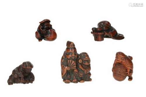 Lot of five netsuke, 1) wood, Ebisu and Daikoku. H. 5.5 cm. 2) boxwood, Daikoku with rice bale.