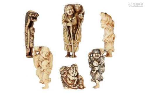 Lot of six netsuke, 1) ivory, sitting Gama Sennin with toad. H. 4.5 cm. 2) ivory, standing Gama