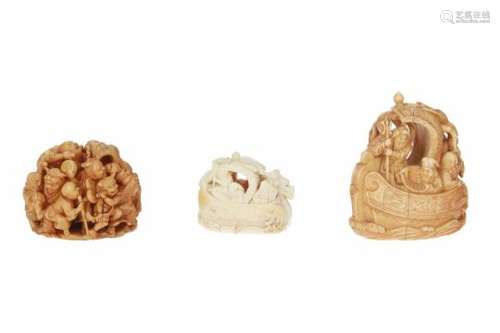 Lot of three netsuke, 1) ivory, Takarabune with the seven lucky gods and karako. Signed. H. 5.5