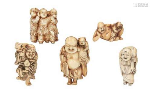 Lot of five netsuke, 1) ivory, reclining Hotei with karako. H. 2.5 cm. 2) ivory, standing Gama