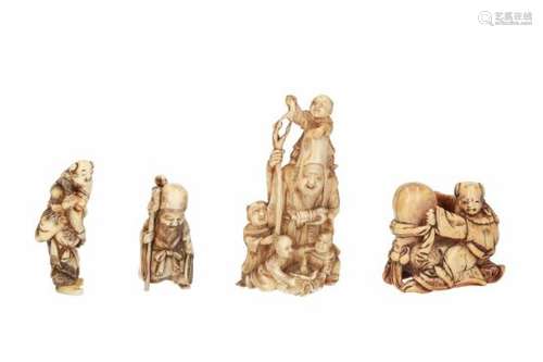 Lot of four netsuke, 1) ivory, Fukurokuju with staff, scroll and four karako. Signed. H. 7 cm. 2)