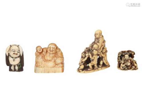 Lot of four netsuke, 1) ivory, Hotei leaning on bag with karako. L. 4 cm. 2) ivory, Hotei in