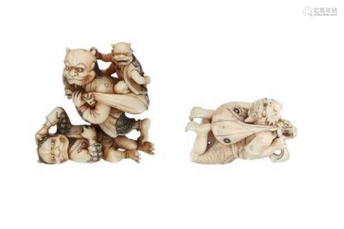 One netsuke and one okimono, 1) ivory, flying Futen with bag. H. 3.5 cm. 2) ivory, okimono depicting