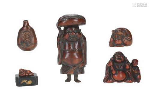 Lot of five netsuke, 1) wood, standing Hotei with bag on his head. H. 10.5 cm. 2) boxwood, sitting