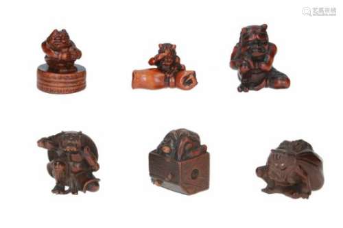 Lot of six netsuke, 1) wood, Oni with Shoki in bag. Signed Masasho. H. 2.5 cm. 2) wood, Setsubun Oni