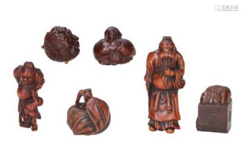 Lot of six netsuke, 1) wood, Oni hiding from bean throwing. H. 2 cm. 2) boxwood, Oni under hat