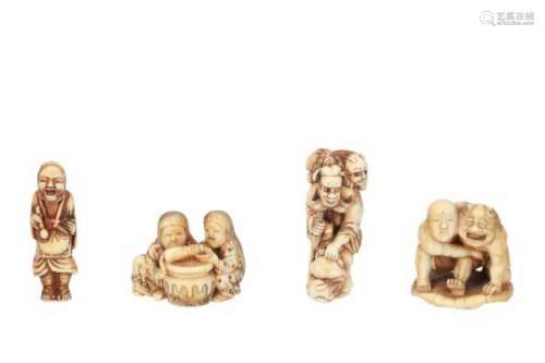 Lot of four netsuke, 1) ivory, two Shojo with sake bottle. Signed Hôzan. H. 3 cm. 2) ivory, standing