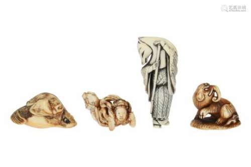 Lot of four netsuke, 1) ivory, sitting Baku. H. 3 cm. 2) ivory, flying Tennin. Signed Tomochika.