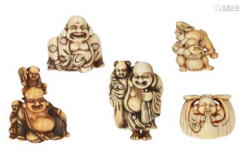 Lot of five netsuke, 1) ivory, standing Hotei with karako and fan. H. 6 cm. 2) ivory, sitting