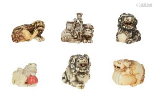 Lot of six netsuke, 1) ivory, shishi with moving ball in mouth. H. 4 cm. 2) ivory, Monju Bosatsu