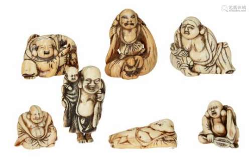 Lot of seven netsuke, 1) ivory, Hotei standing on bag and karako. H. 5.5 cm. 2) ivory, Hotei lying