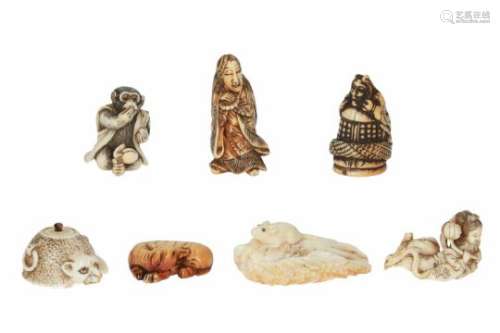 Lot of seven netsuke, 1) ivory, Tennin with lotus. Signed Masatsugu. H. 2.5 cm. 2) ivory, monkey